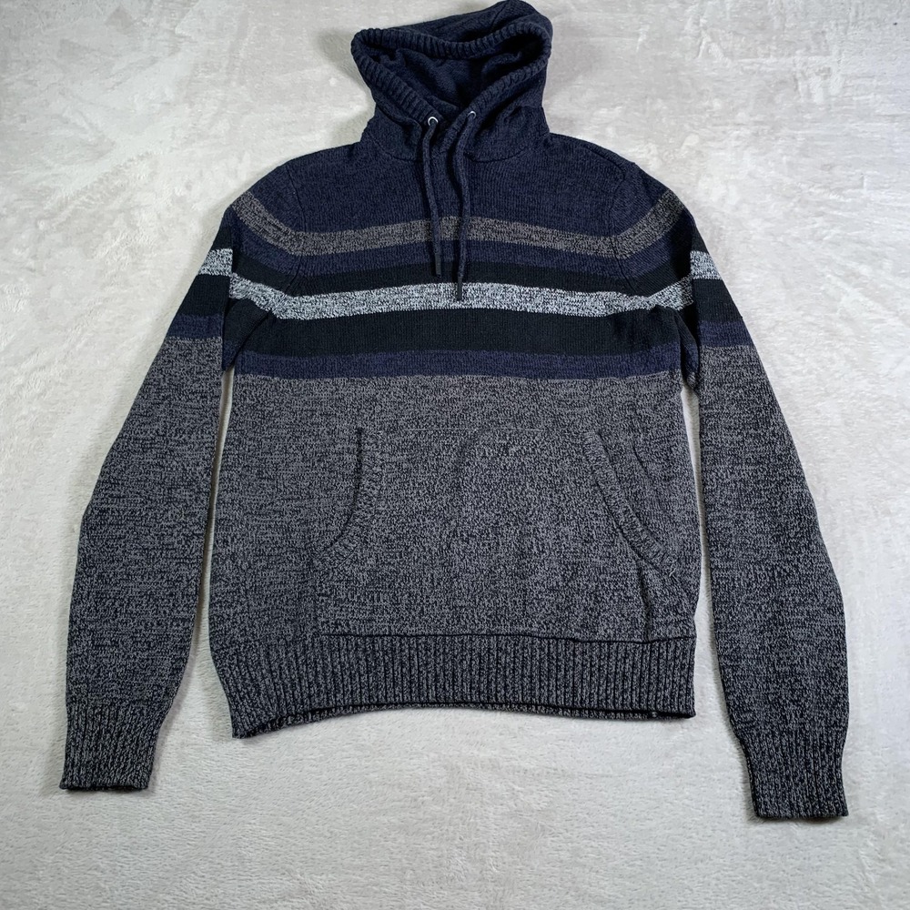 Urban Pipeline Sweater Mens Small Blue Gray Hooded Knit Striped Kangaroo Pocket